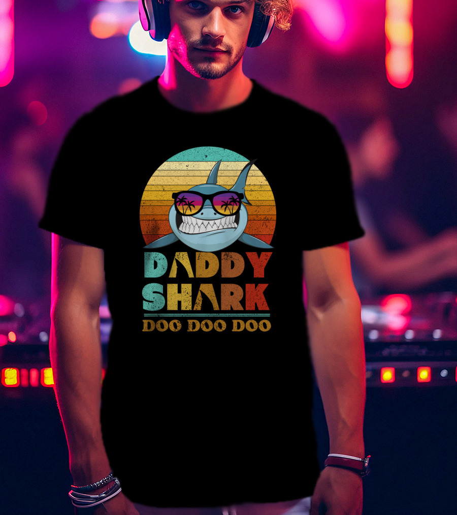 Daddy Shark Doo Doo Doo Retro Sunset Sunglasses Palms Colorful T-Shirt