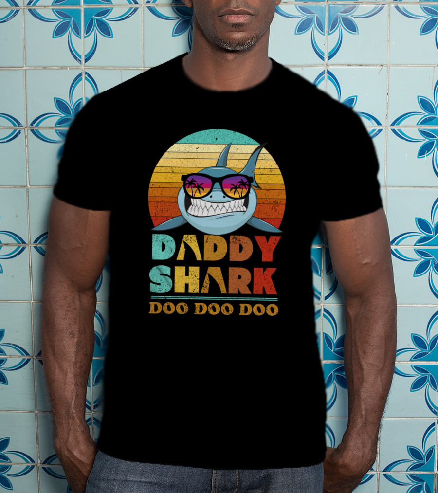 Daddy Shark Doo Doo Doo Retro Sunset Sunglasses Palms Colorful T-Shirt