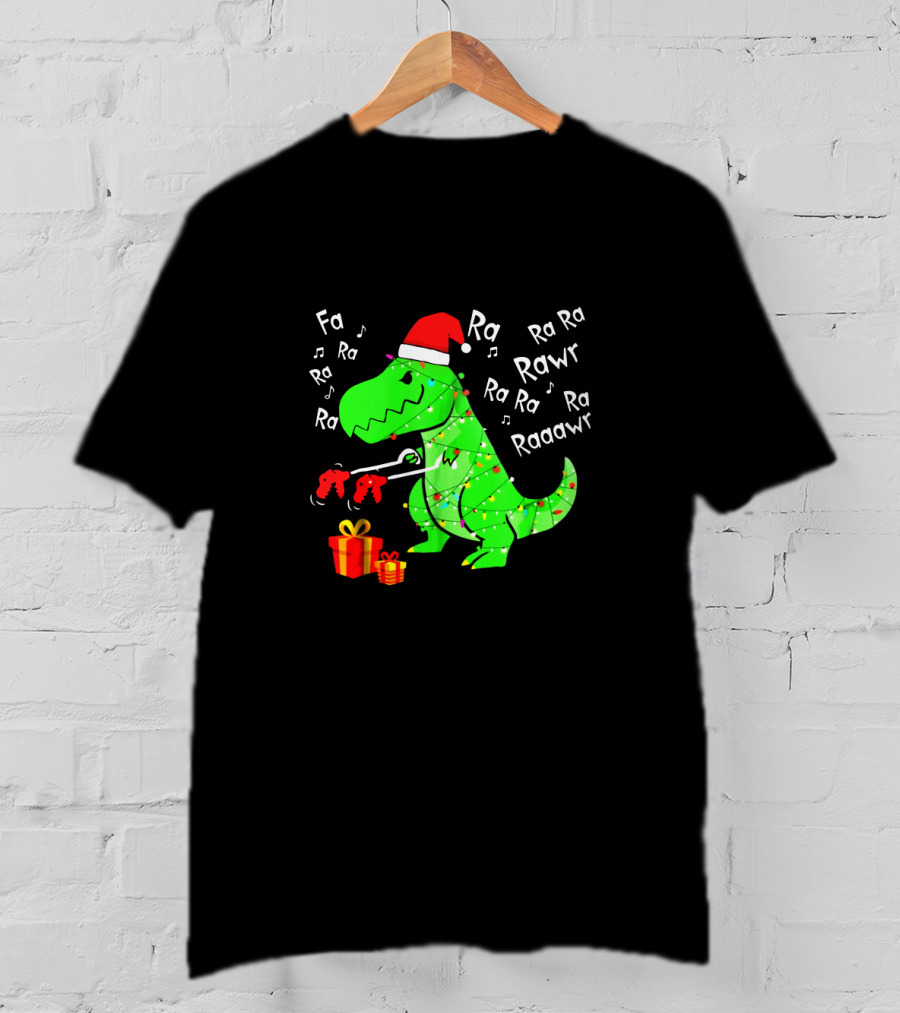Santa Hat Dinosaur With Christmas Lights And Presents Singing Fa Ra Ra Ra Rawr Raaawr Tree Rex T-Shirt