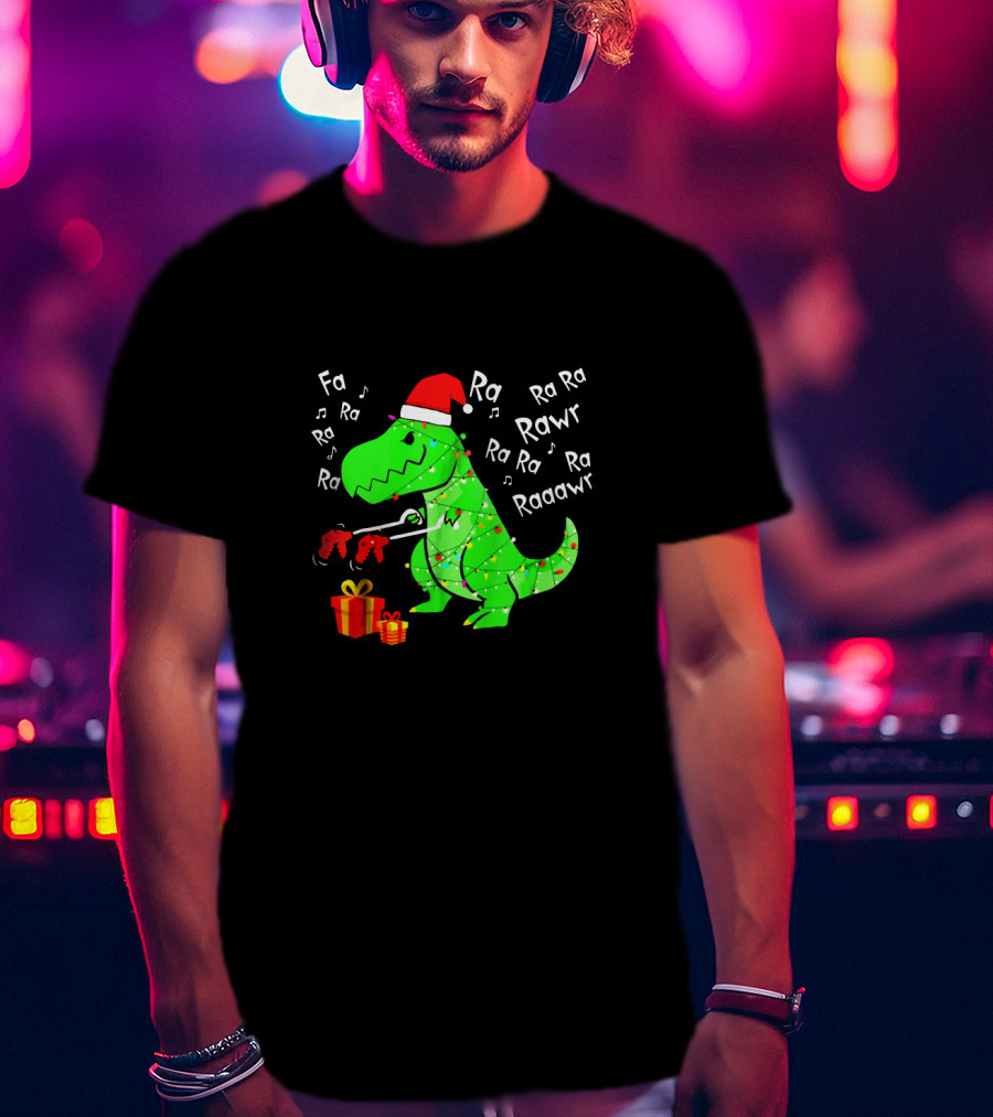 Santa Hat Dinosaur With Christmas Lights And Presents Singing Fa Ra Ra Ra Rawr Raaawr Tree Rex T-Shirt