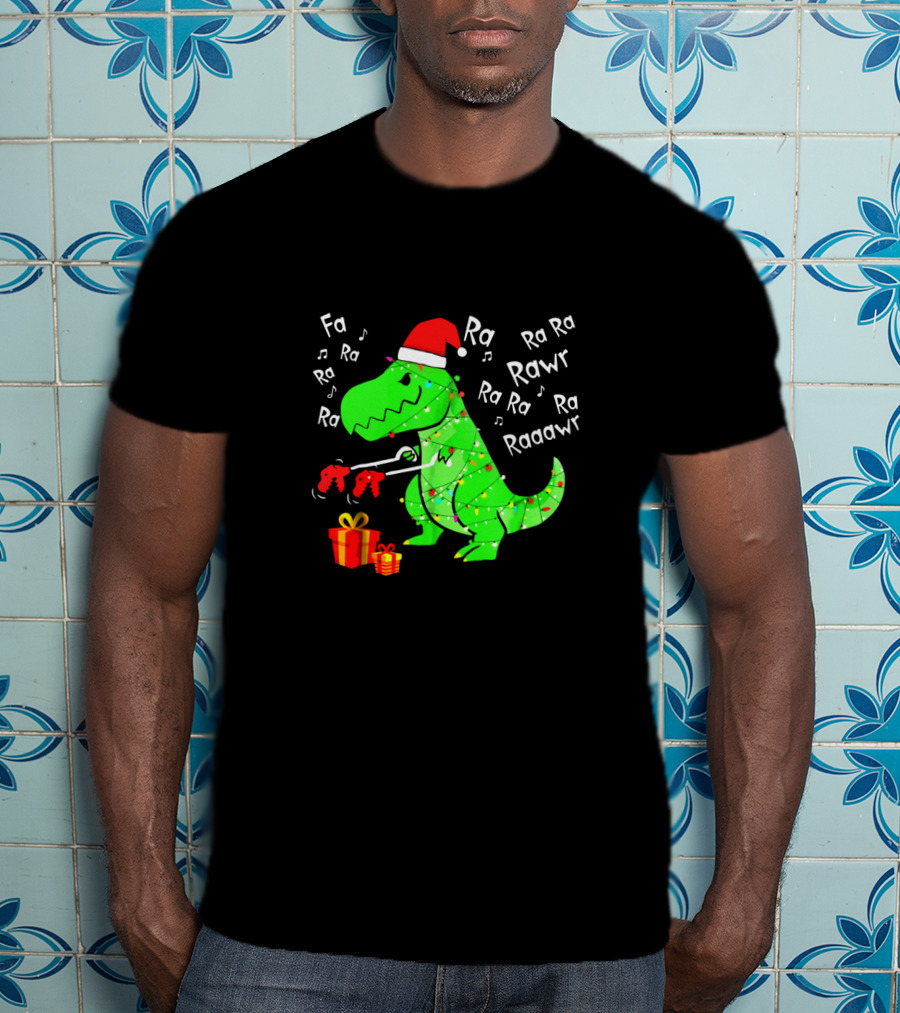Santa Hat Dinosaur With Christmas Lights And Presents Singing Fa Ra Ra Ra Rawr Raaawr Tree Rex T-Shirt
