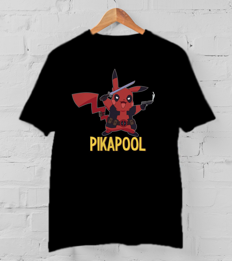 Pikapool Mashup Of Pikachu Deadpool Crossover Character With Sword And Pistol T-Shirt