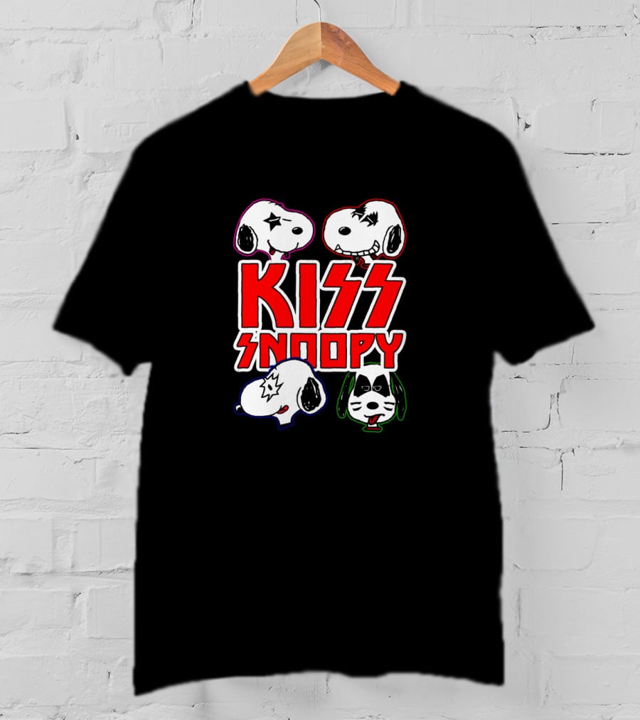 Kiss Snoopy Cartoon Characters Heavy Metal Style Iconic Band Faces T-Shirt
