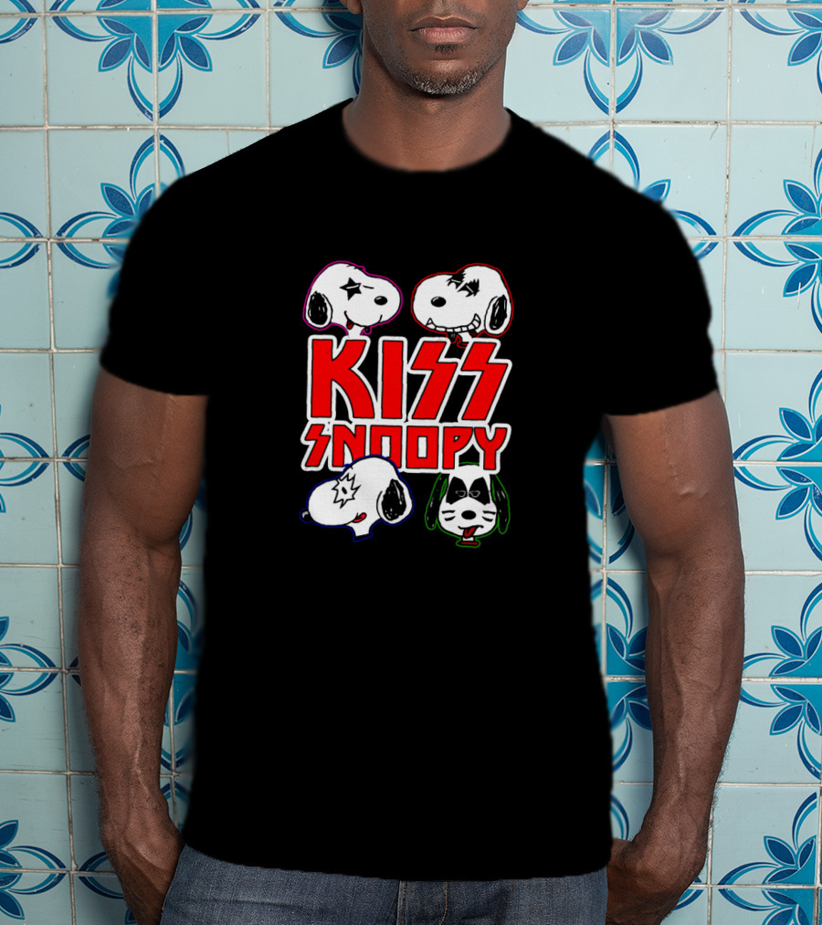 Kiss Snoopy Cartoon Characters Heavy Metal Style Iconic Band Faces T-Shirt