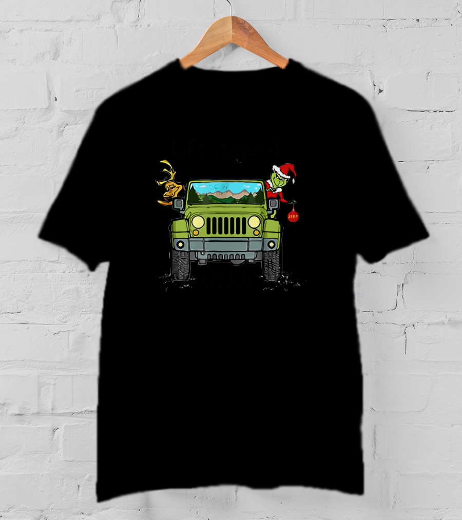 Life Is Good Enjoy The Ride Jeep Grinch Santa Reindeer Christmas T-Shirt
