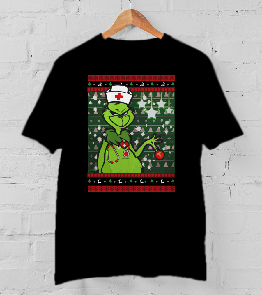 Nurse Ugly Sweater Merry Christmas Grinch With Nurse Hat And Stethoscope T-Shirt