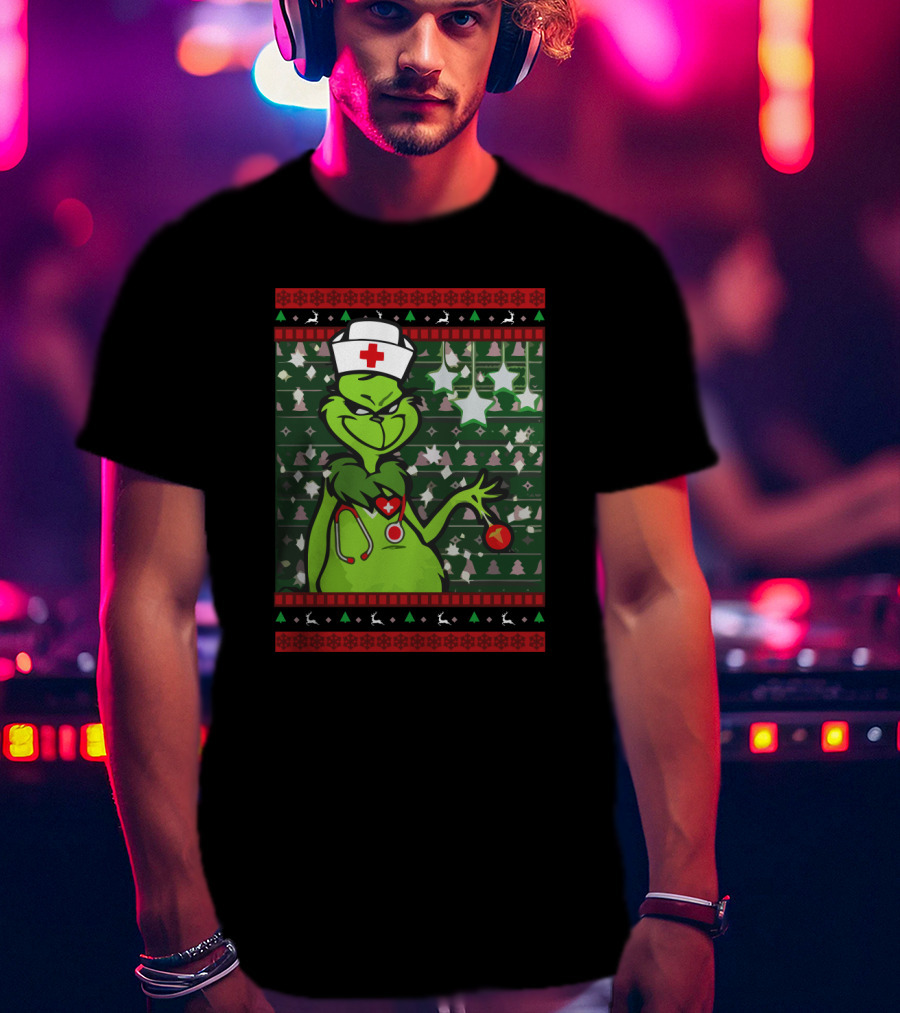 Nurse Ugly Sweater Merry Christmas Grinch With Nurse Hat And Stethoscope T-Shirt