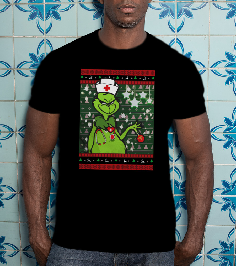 Nurse Ugly Sweater Merry Christmas Grinch With Nurse Hat And Stethoscope T-Shirt