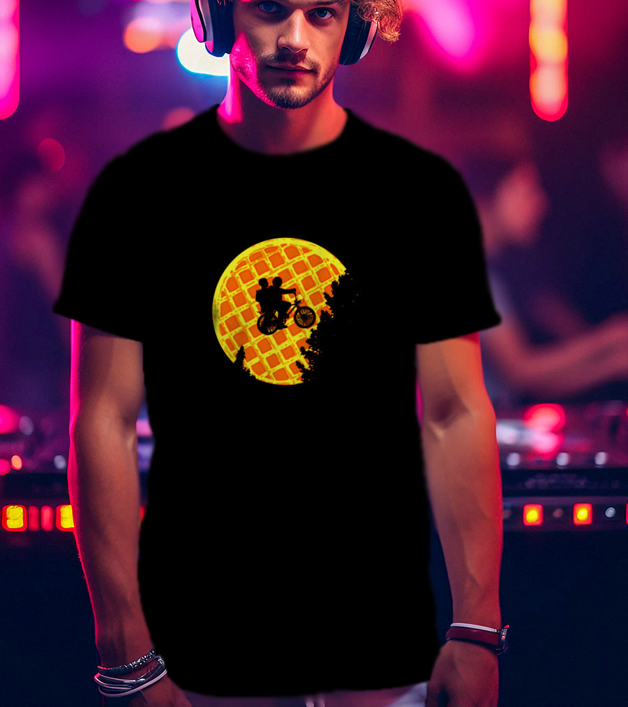 Stranger Things Bicycle Silhouette Against Waffle Moon T-Shirt