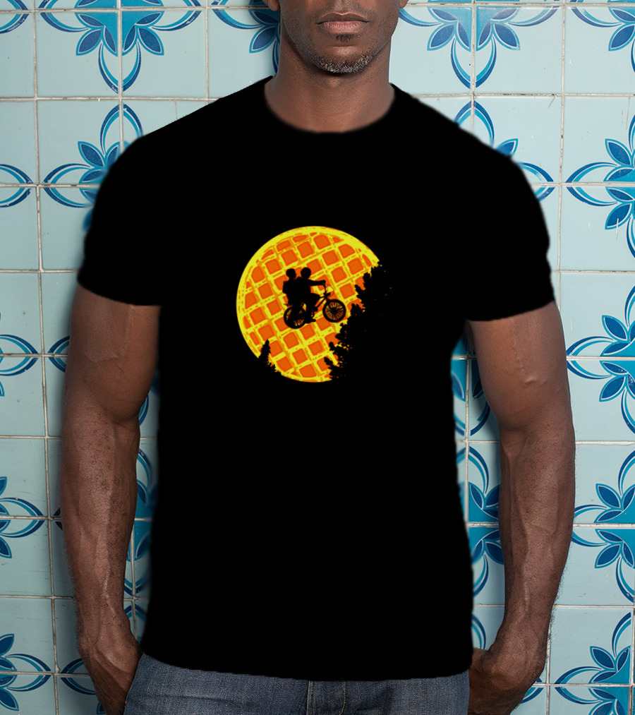 Stranger Things Bicycle Silhouette Against Waffle Moon T-Shirt