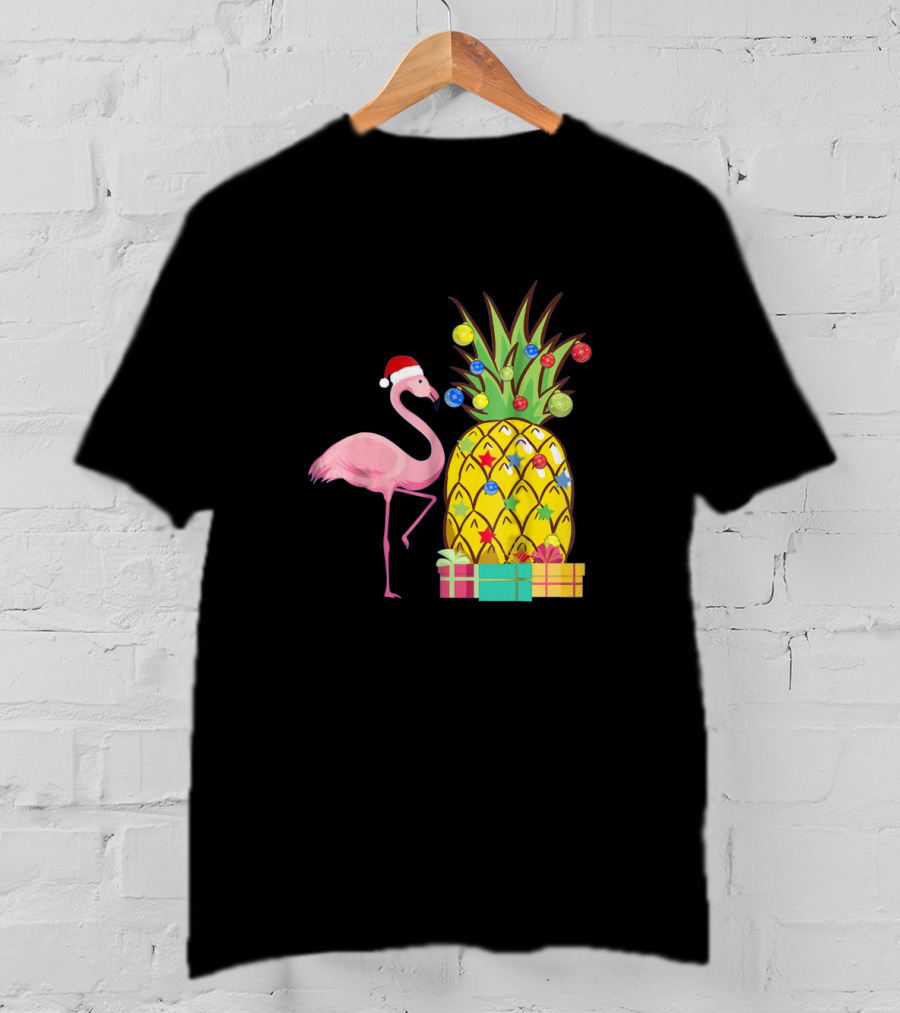 Santa Flamingo Christmas Pineapple With Colorful Ornaments And Holiday Gifts T-Shirt