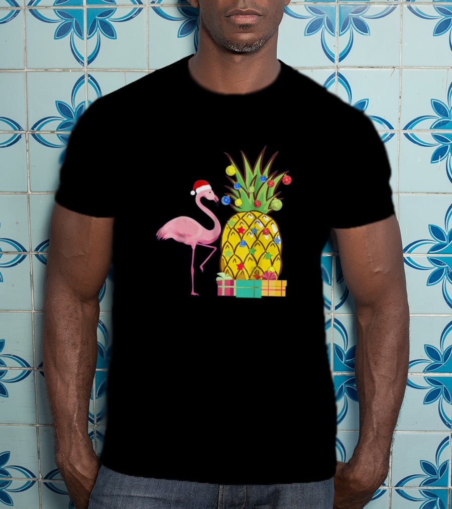 Santa Flamingo Christmas Pineapple With Colorful Ornaments And Holiday Gifts T-Shirt