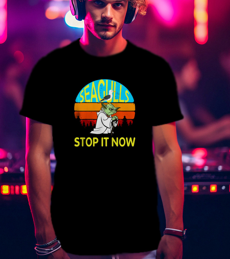 Seagulls Stop It Now Funny Retro Yoda Influence Vintage Sunset T-Shirt