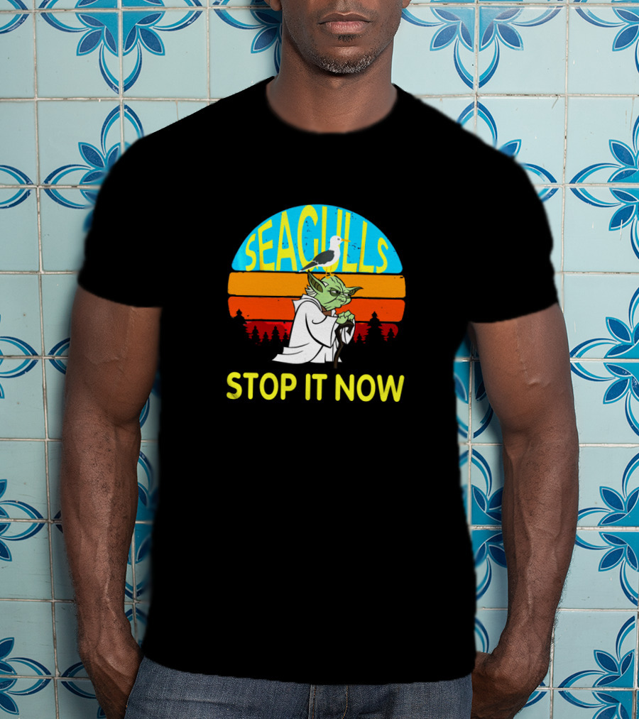 Seagulls Stop It Now Funny Retro Yoda Influence Vintage Sunset T-Shirt