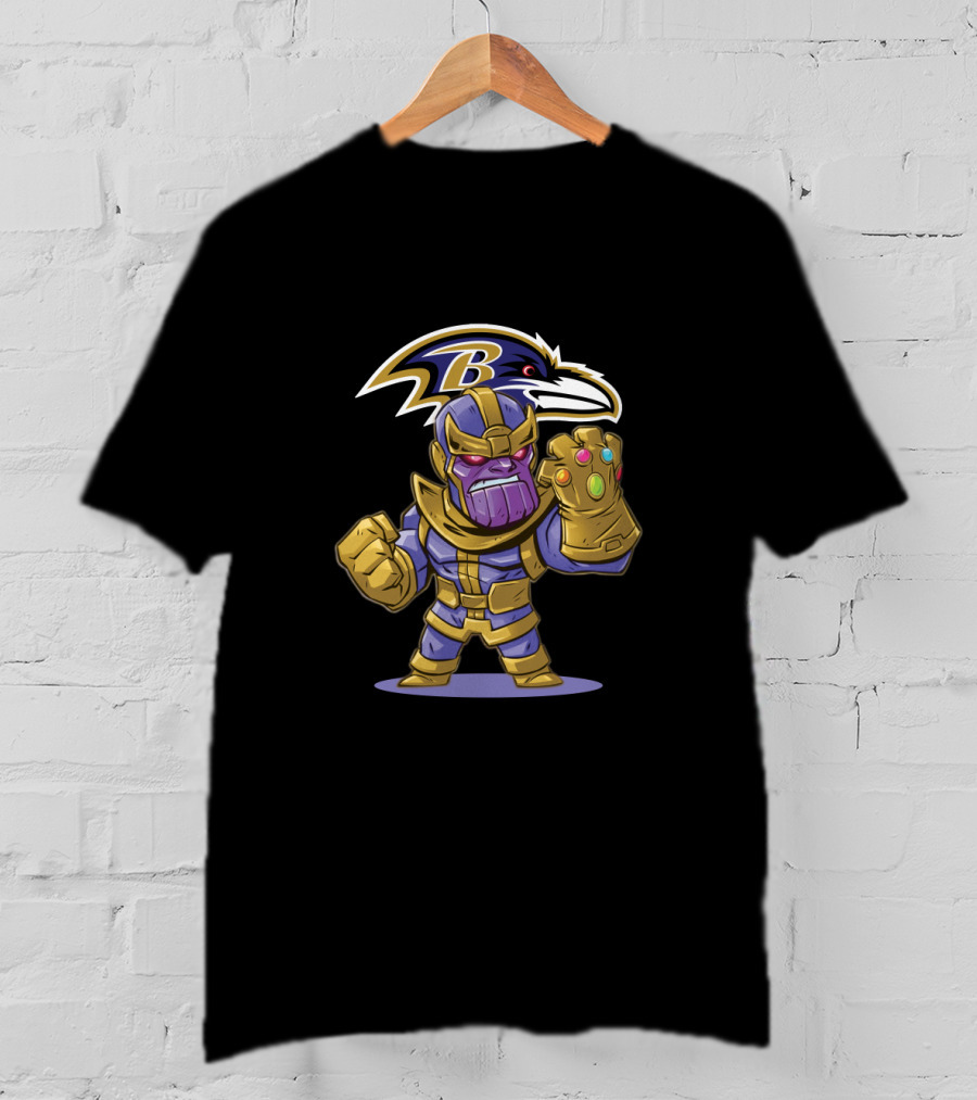 Thanos Marvel Character With Infinity Gauntlet And Baltimore Ravens Nfl T-Shirt