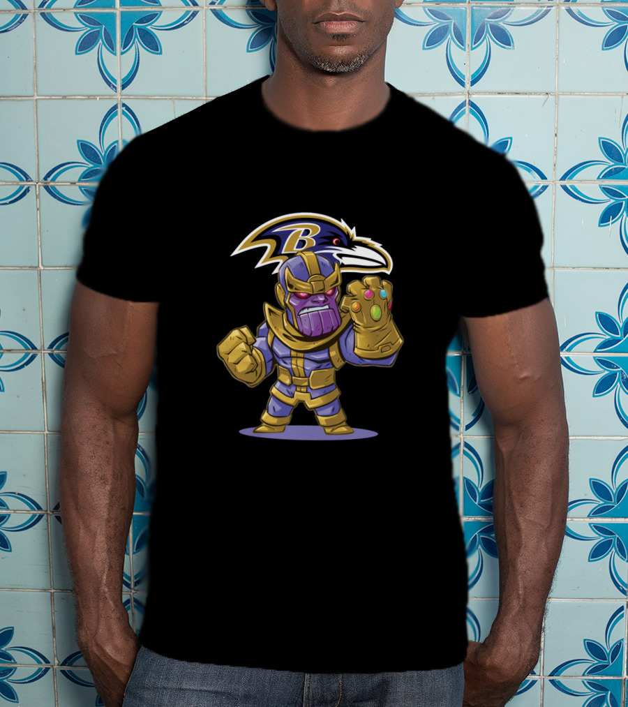 Thanos Marvel Character With Infinity Gauntlet And Baltimore Ravens Nfl T-Shirt