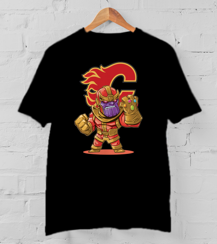 Thanos In Calgary Flames Colors With Team Logo Background T-Shirt