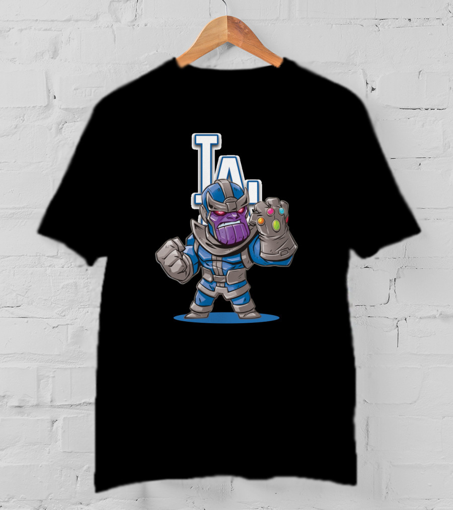 Thanos In Los Angeles Dodgers Colors With Infinity Gauntlet Front Of LA T-Shirt