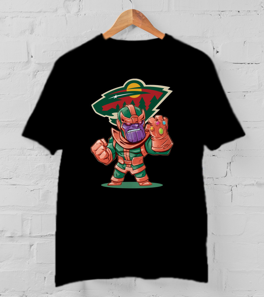 Thanos Cartoon With Infinity Gauntlet And Minnesota Wild Logo Background T-Shirt