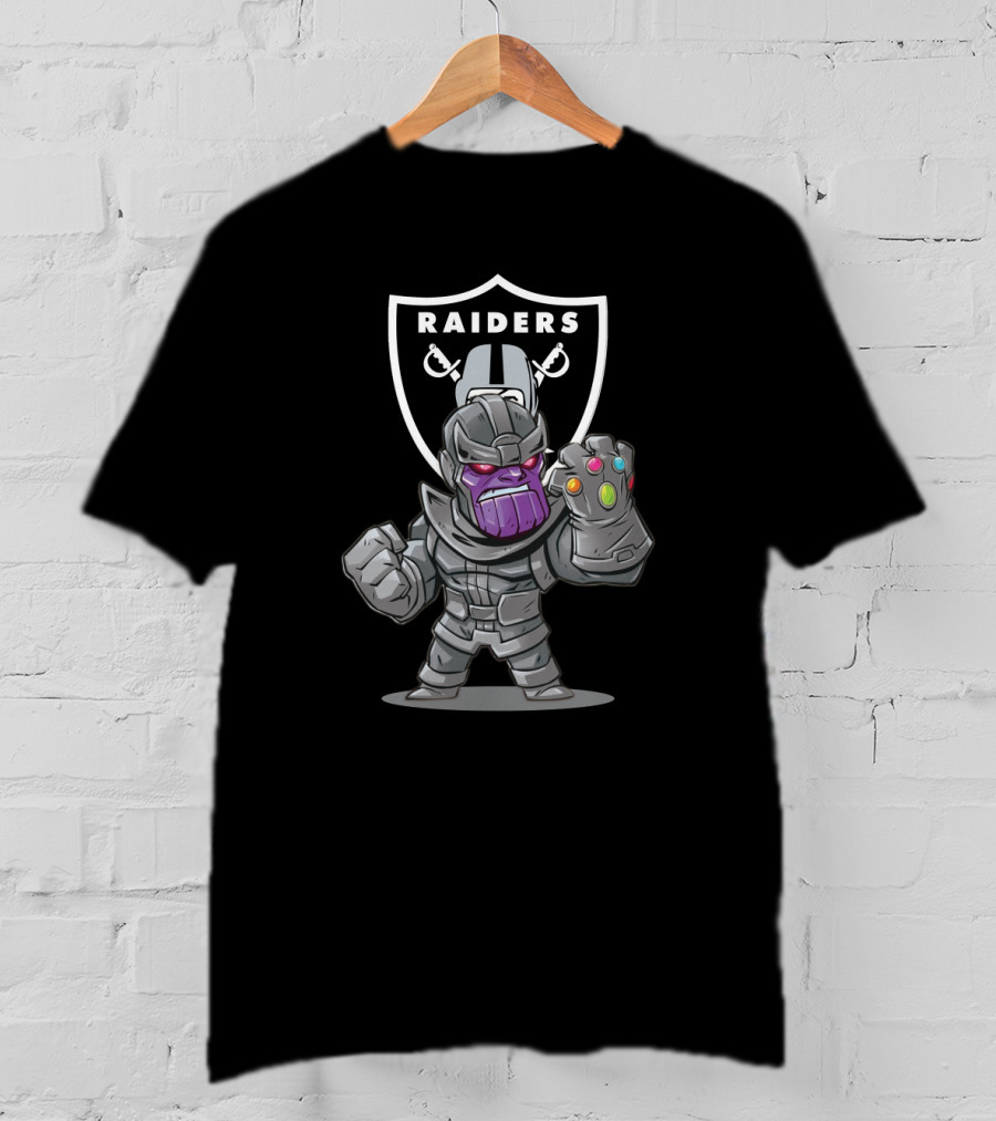 Raiders Shield With Thanos Character Holding Infinity Gauntlet T-Shirt