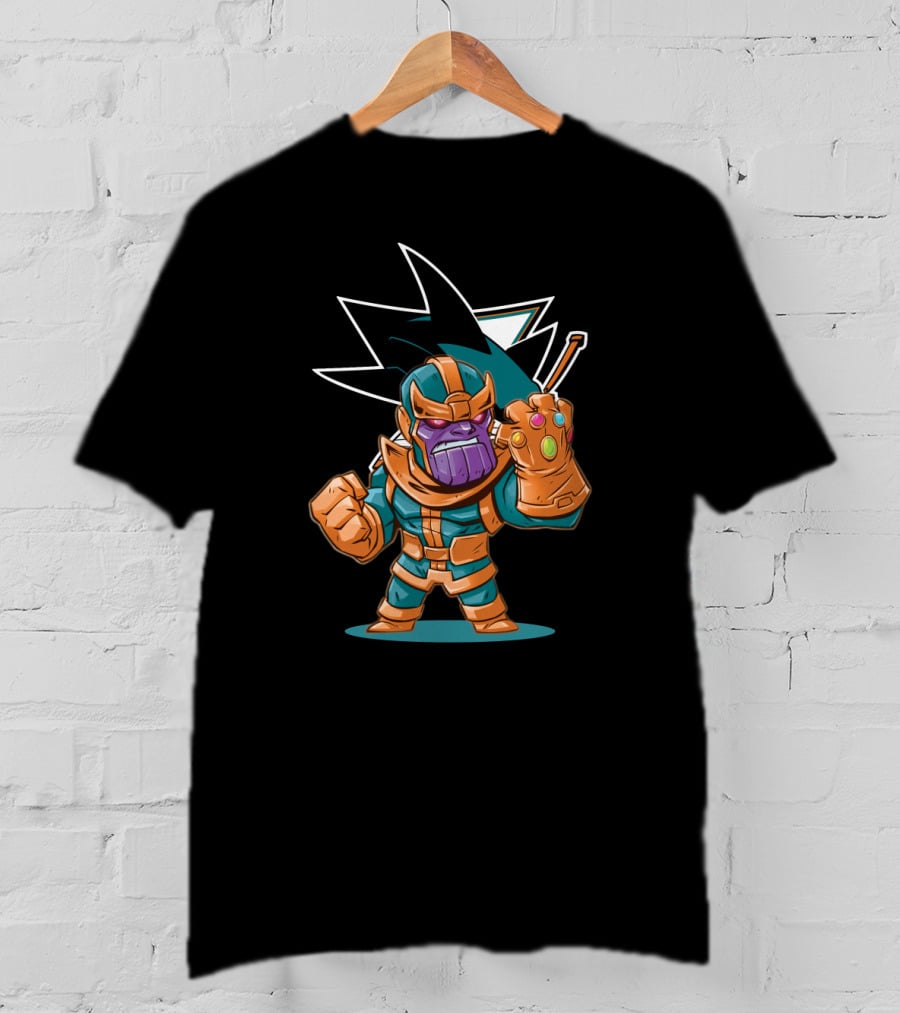 Thanos In San Jose Sharks Colors With Infinity Gauntlet And Hockey Stick T-Shirt