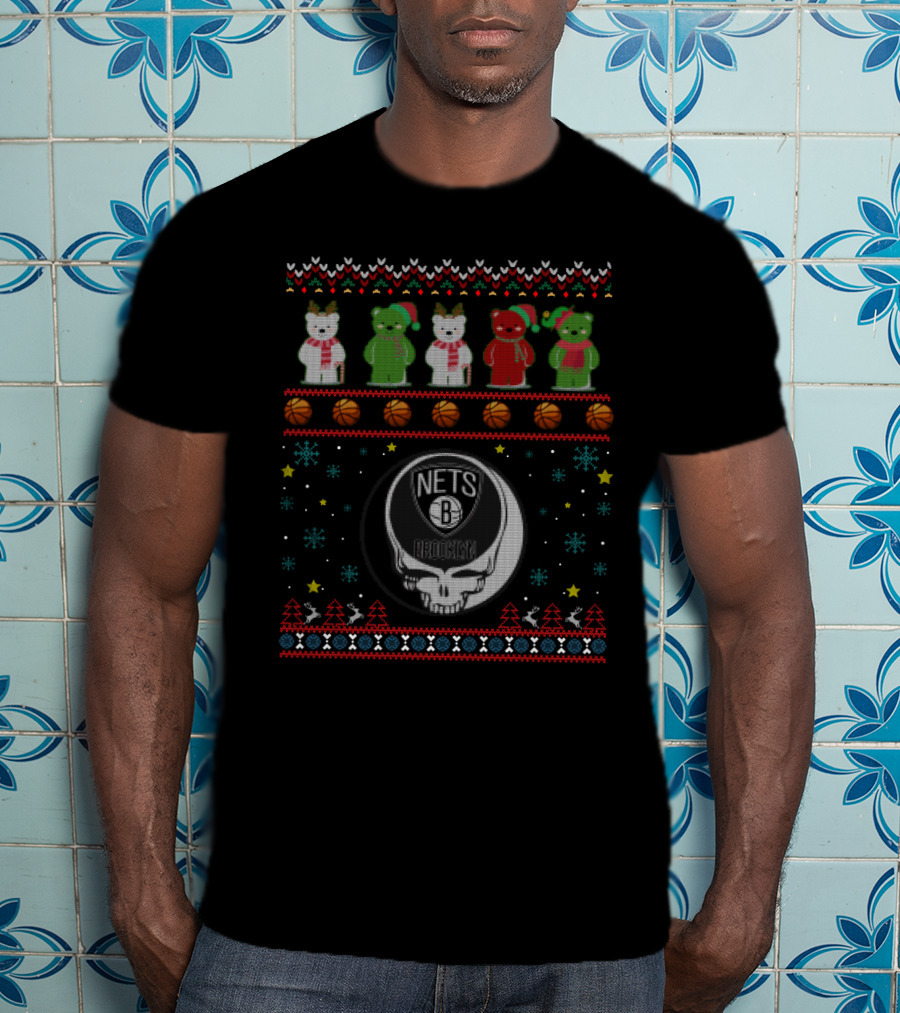 Brooklyn Nets Grateful Dead Bears Christmas Basketball T-Shirt