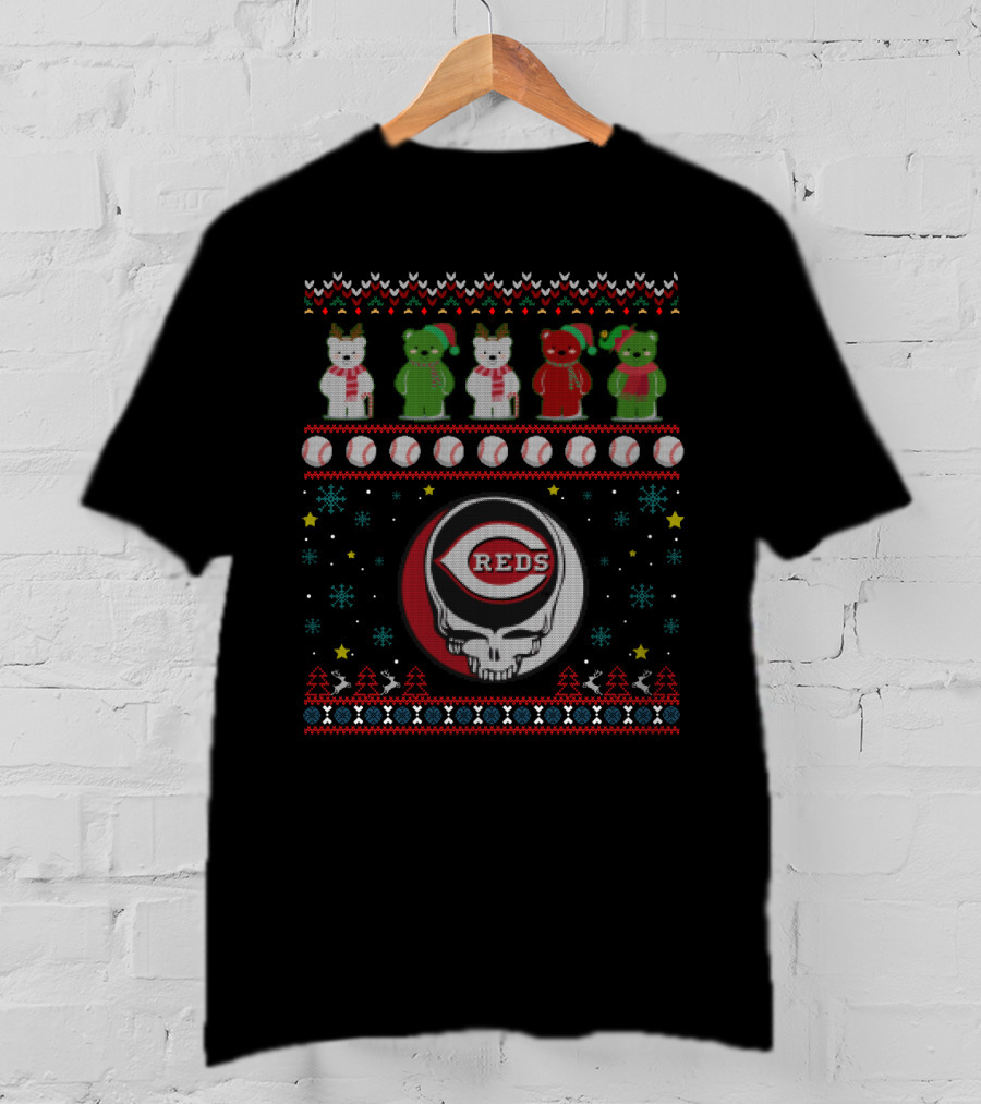 Cincinnati Reds Grateful Dead Dancing Bears Baseball Skull Holiday T-Shirt