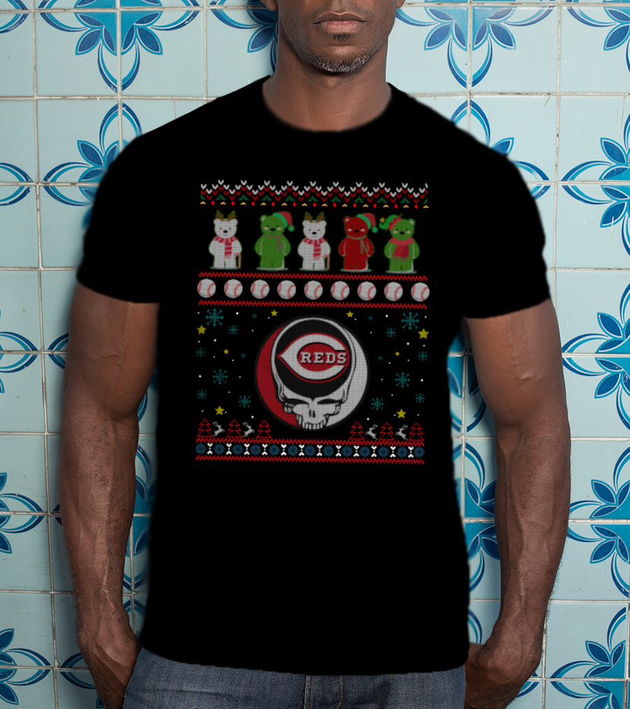 Cincinnati Reds Grateful Dead Dancing Bears Baseball Skull Holiday T-Shirt