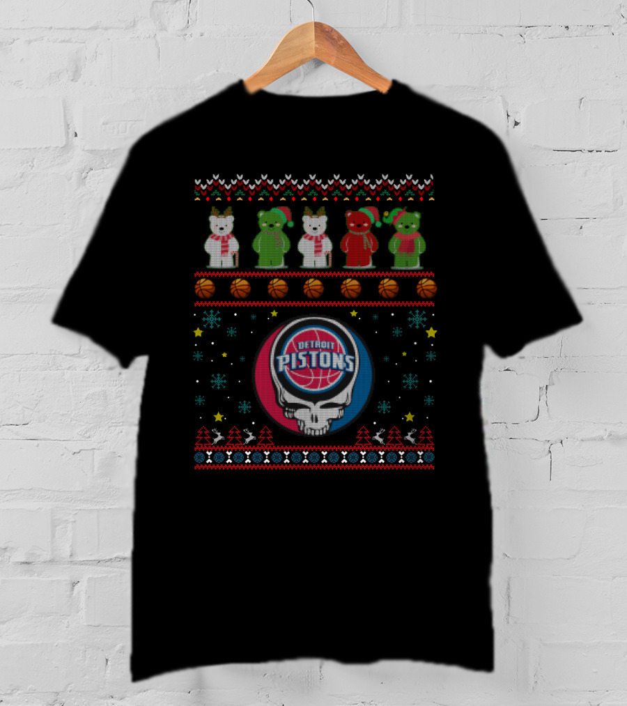 Detroit Pistons Grateful Dead Bears Xmas Sweater Logos T-Shirt