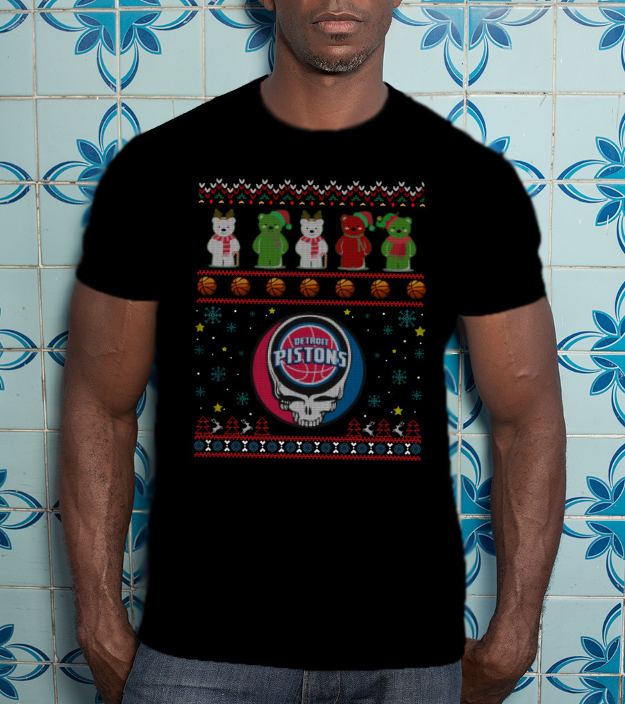Detroit Pistons Grateful Dead Bears Xmas Sweater Logos T-Shirt
