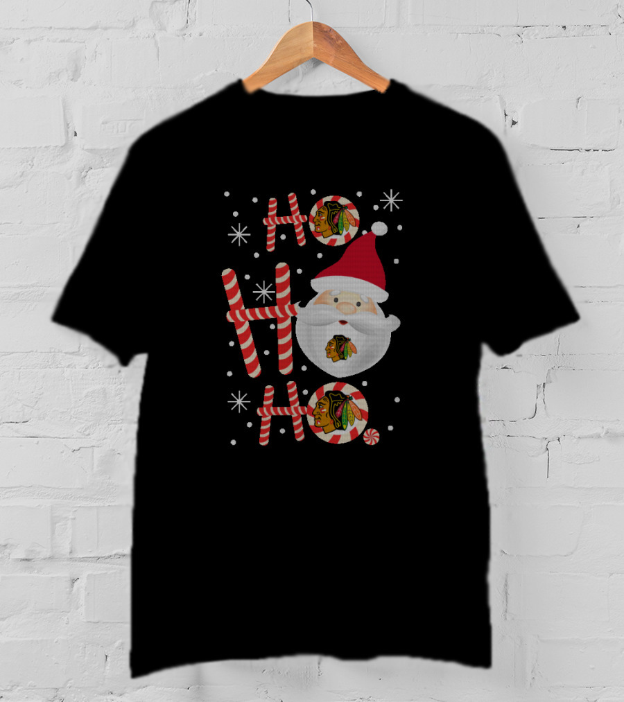 Ho Ho Ho Xmas Santa With Chicago Blackhawks Logos And Candy Canes T-Shirt