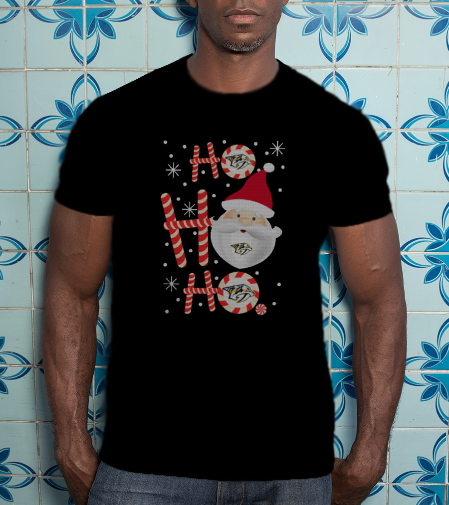 Ho Ho Ho Xmas Santa With Nashville Predators Logos In Festive T-Shirt