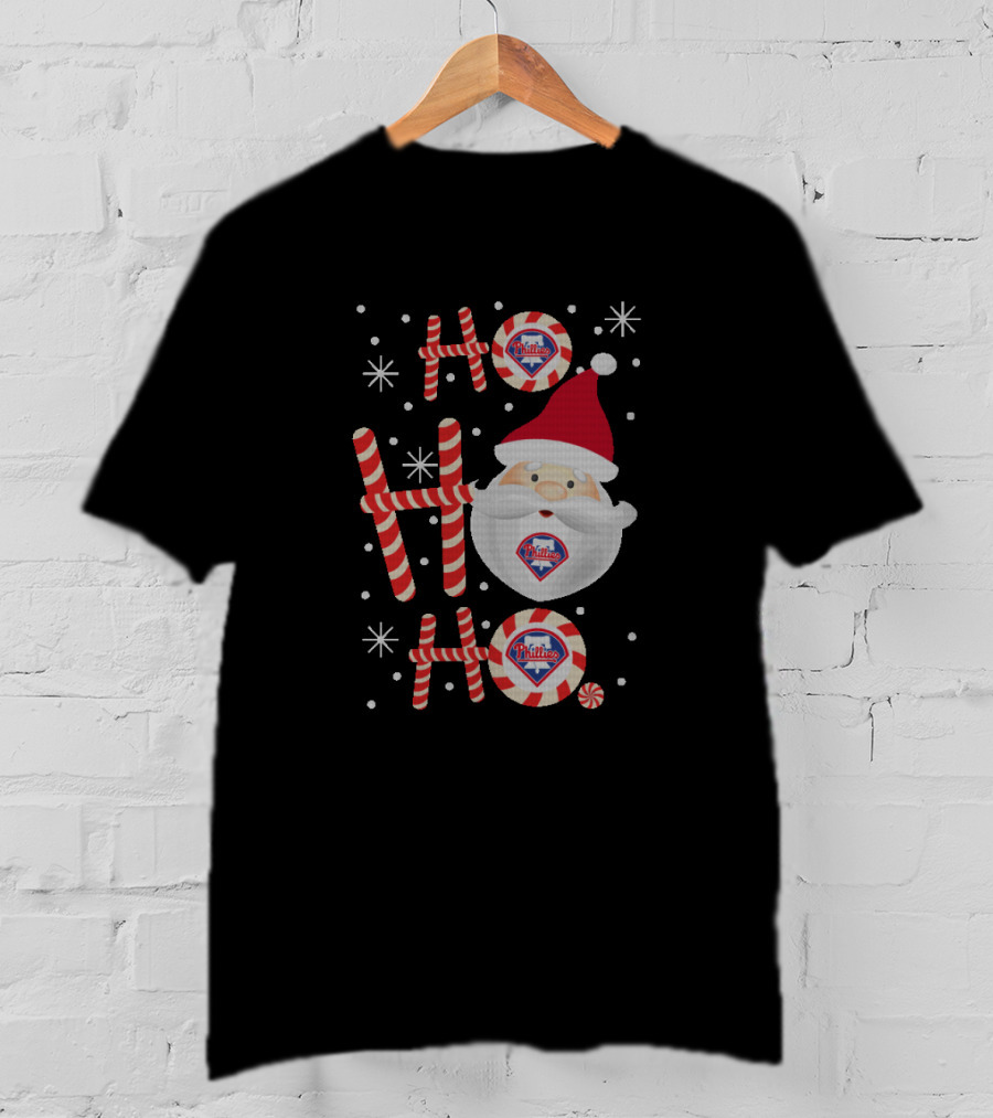 Philadelphia Phillies Ho Ho Ho Christmas Santa Candy Cane T-Shirt