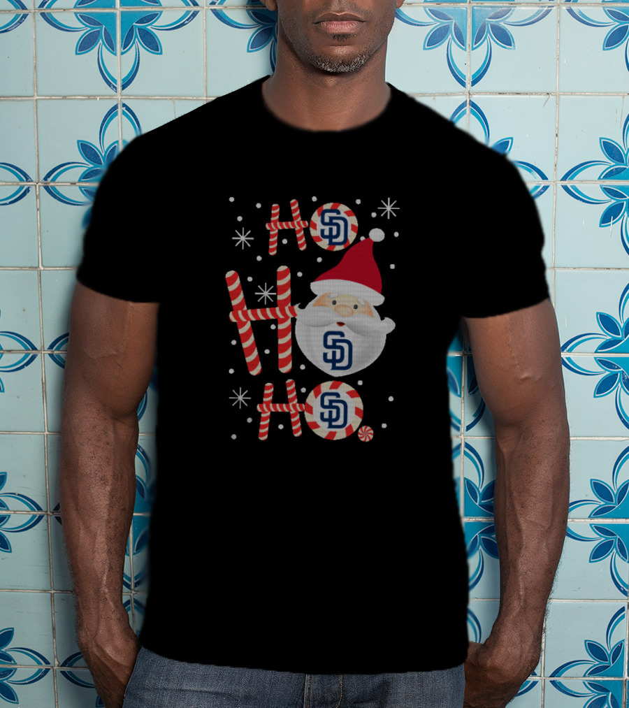 Ho Ho Ho Christmas San Diego Padres Santa Candy Cane Snowflakes T-Shirt