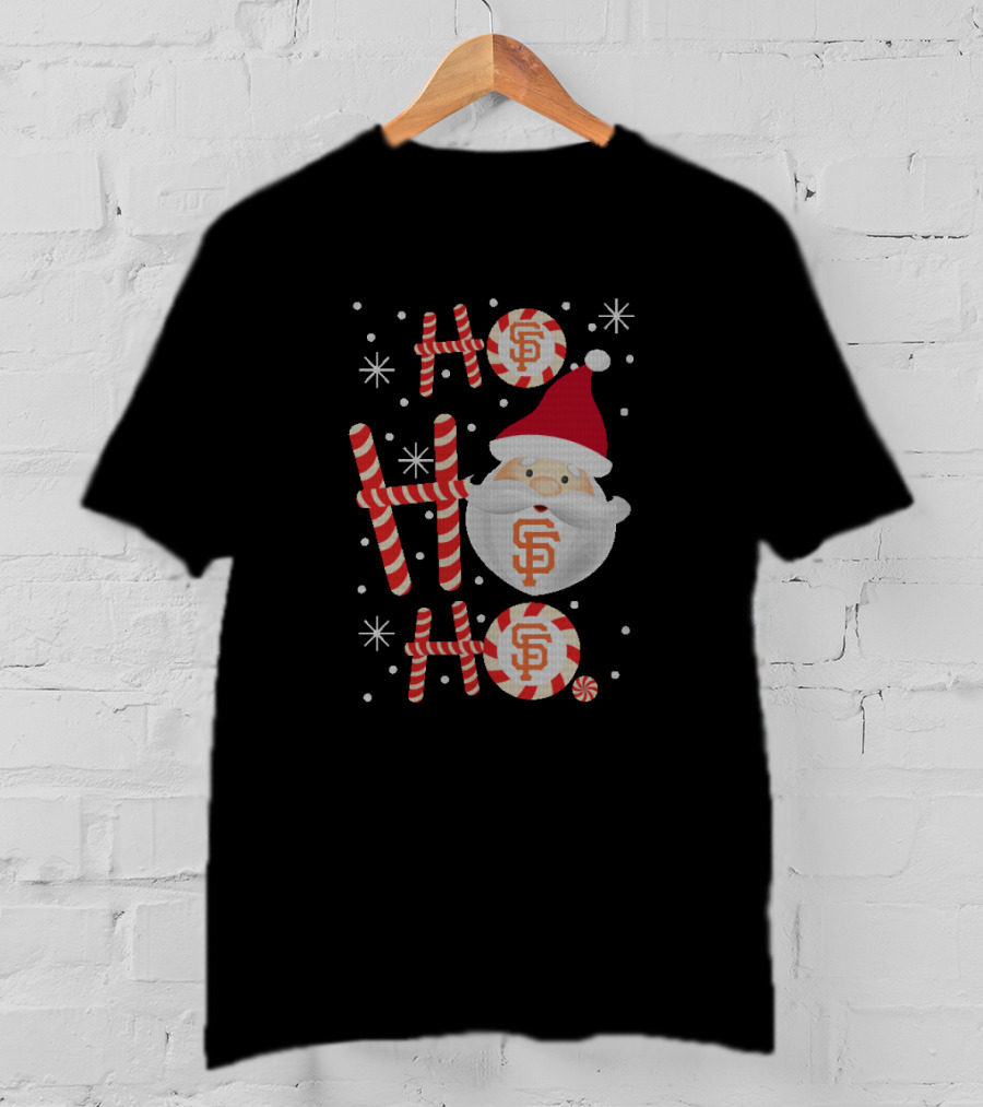 Ho Ho Ho Christmas San Francisco Giants Fans Santa Hat Candy Cane Snowflakes T-Shirt