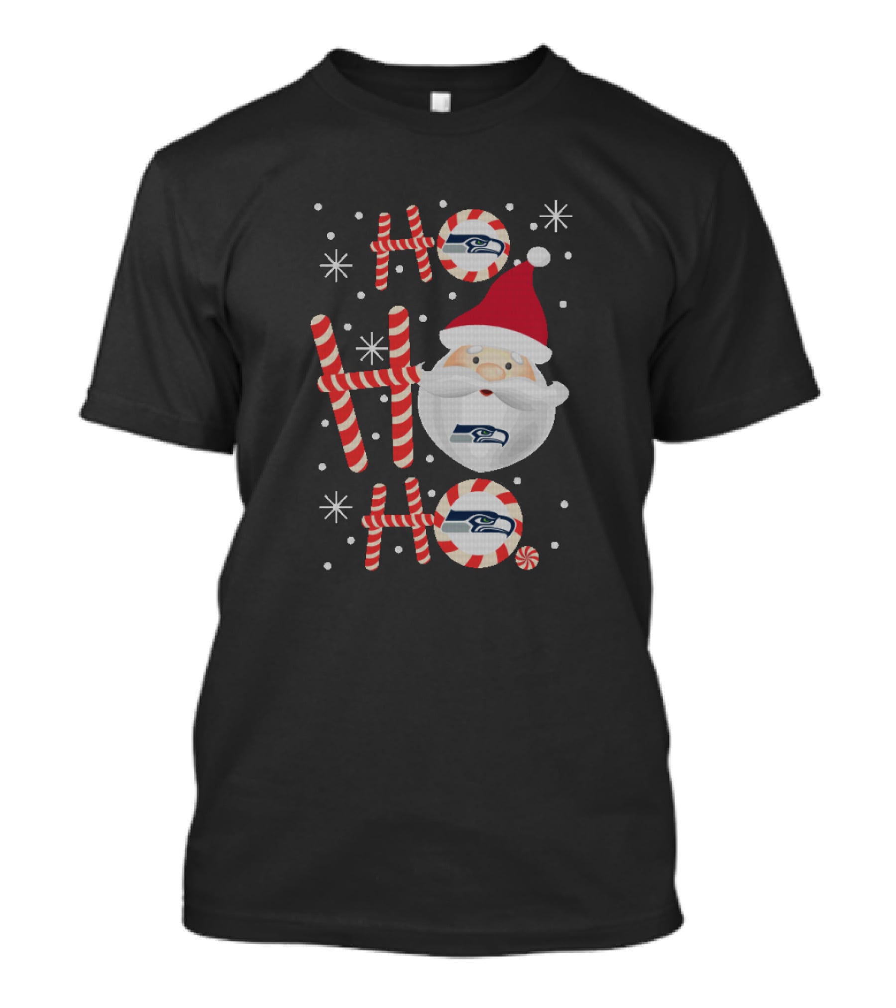 Ho Ho Ho Christmas Santa Seattle Seahawks Fans Candy Cane Snowflakes T-Shirt