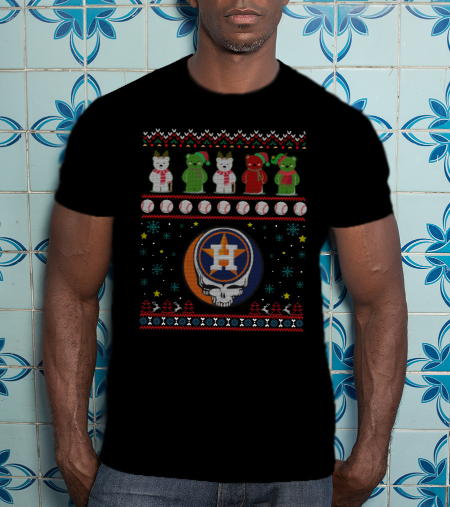 Houston Astros Grateful Dead Bears Christmas Baseball T-Shirt