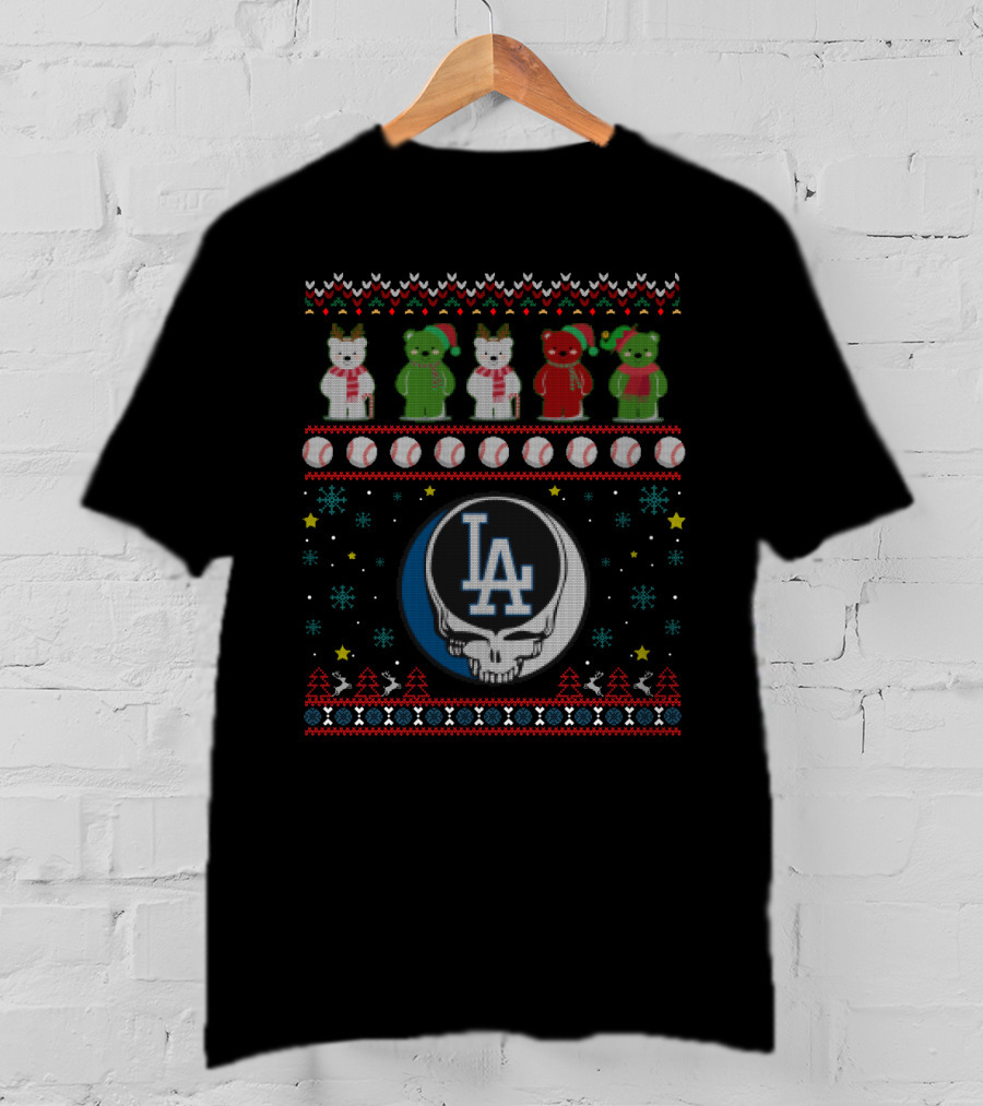 Los Angeles Dodgers Grateful Dead Bears Christmas Baseball T-Shirt