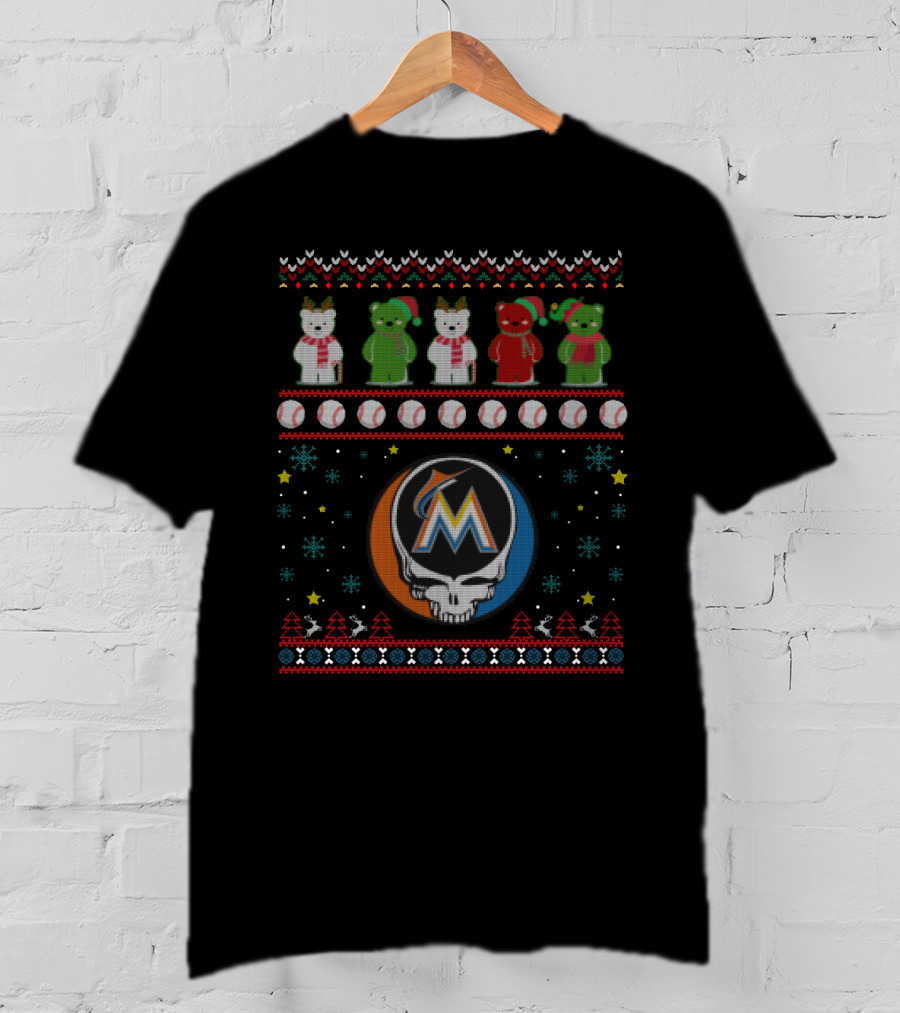 Miami Marlins Grateful Dead Bears Holiday Baseball Mashup T-Shirt