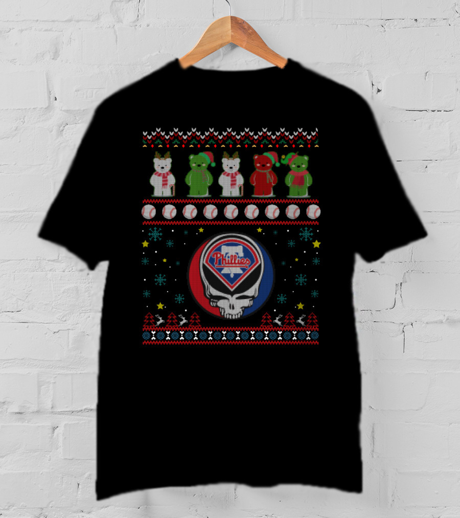 Philadelphia Phillies Grateful Dead Bears Baseball Skull Winter T-Shirt