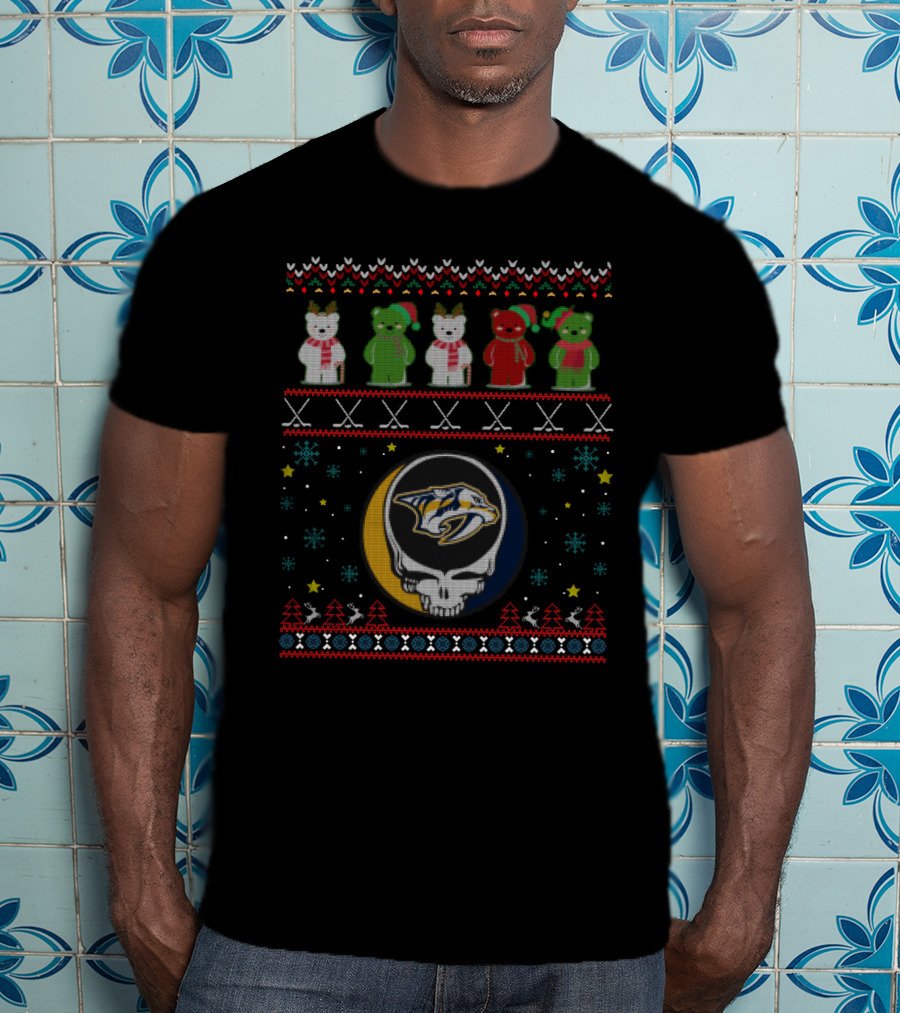 Nashville Predators Grateful Dead Bears Holiday Skull T-Shirt