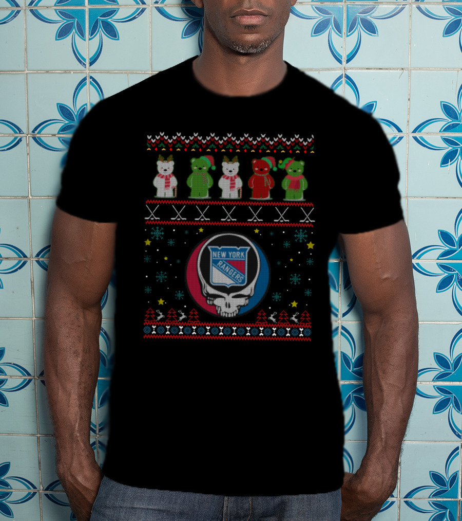 New York Rangers Grateful Dead Bears Holiday Sweater Motif T-Shirt
