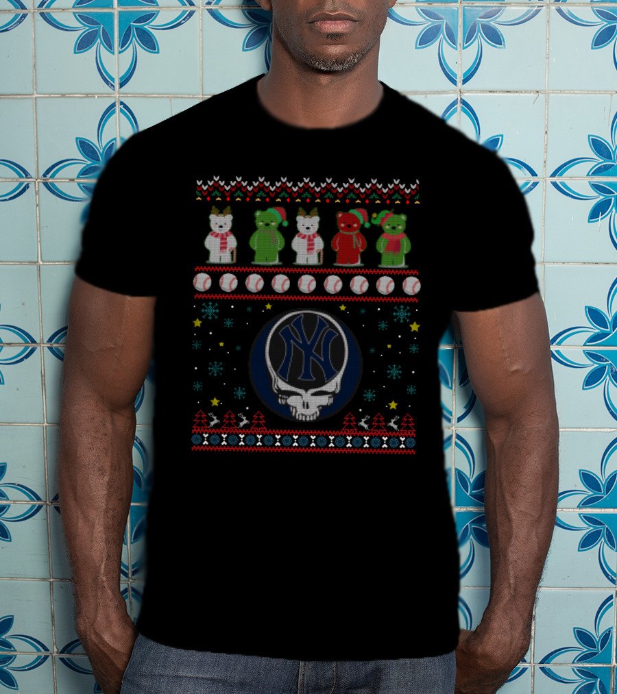 New York Yankees Grateful Dead Bears Ugly Christmas Sweater Baseball Skulls Holiday T-Shirt