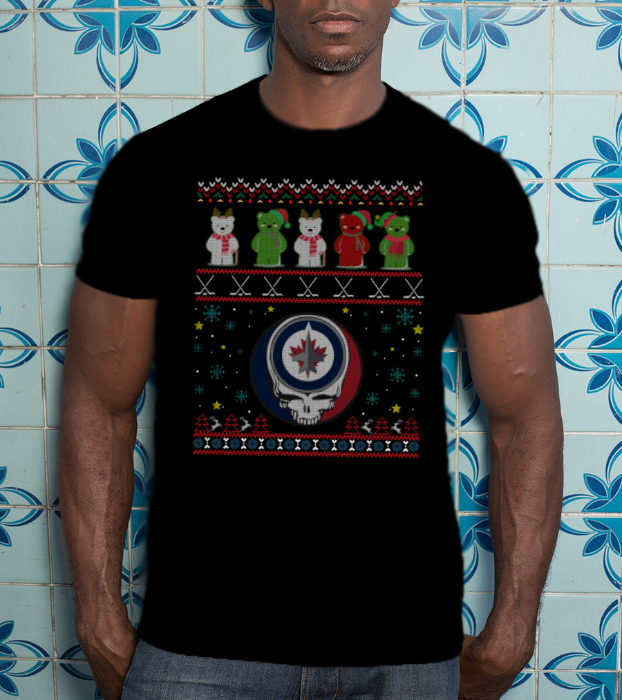 Winnipeg Jets Grateful Dead Bears Festive Skeleton T-Shirt