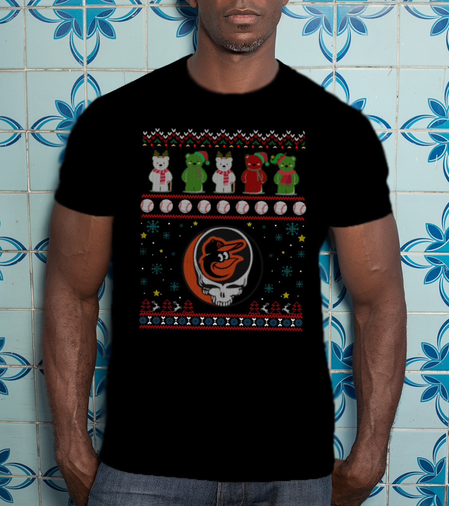 Baltimore Orioles Grateful Dead Bears Christmas Baseball T-Shirt