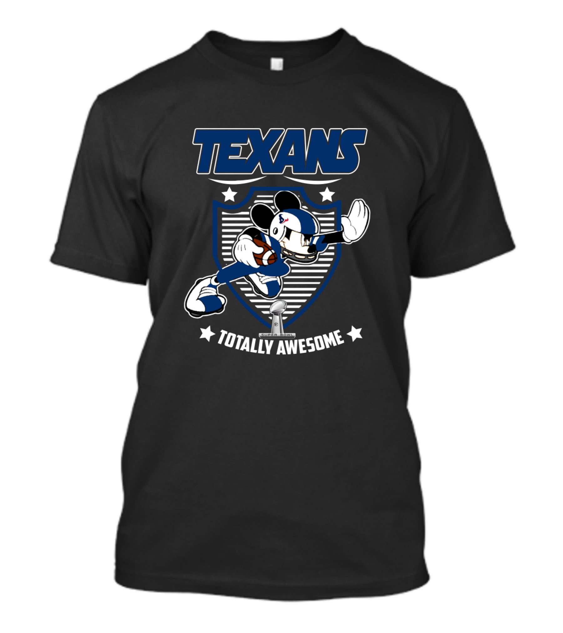 Texans Totally Awesome Football Fan Character Running With Ball On Shield T-Shirt