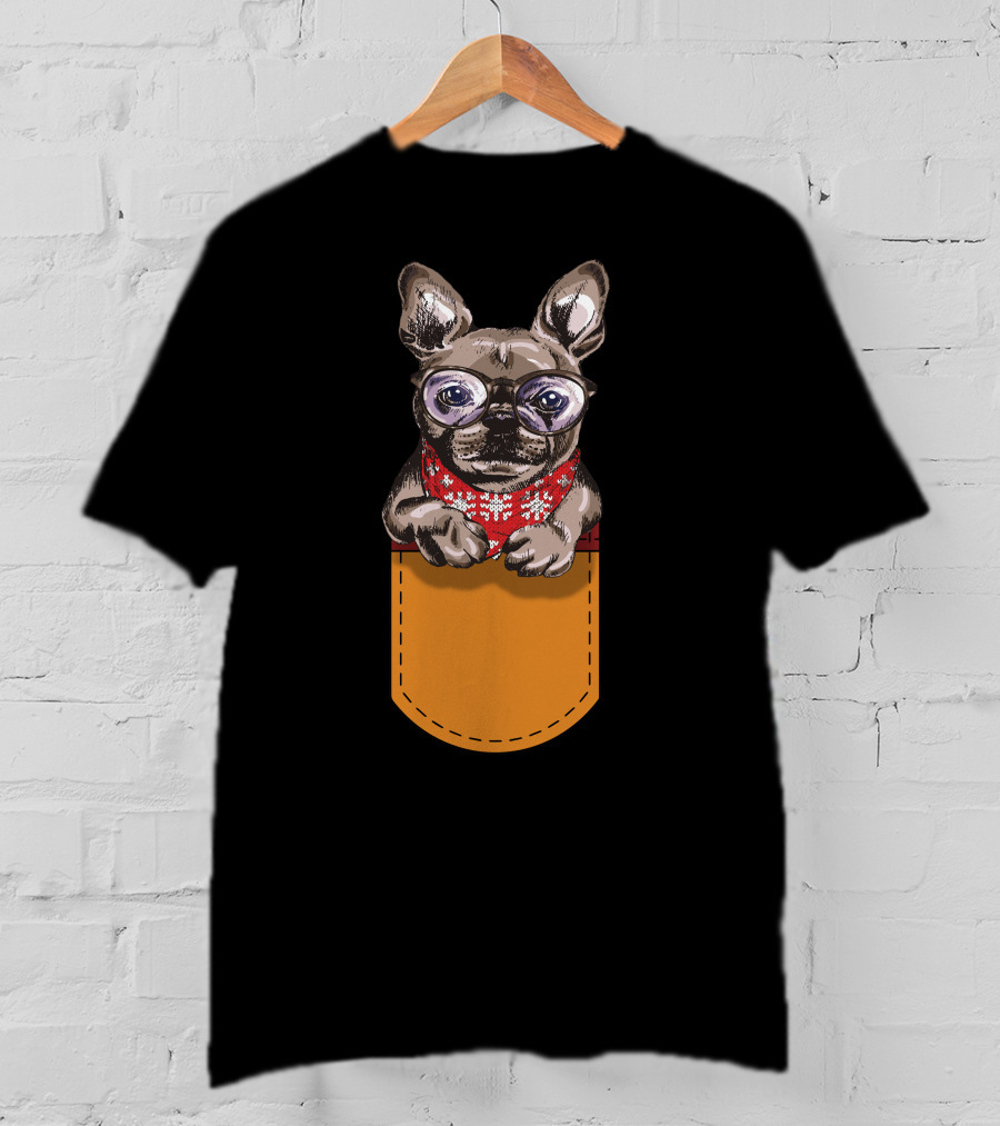 Cool Frenchie France Bulldog In Glasses With Red Scarf In Pocket T-Shirt