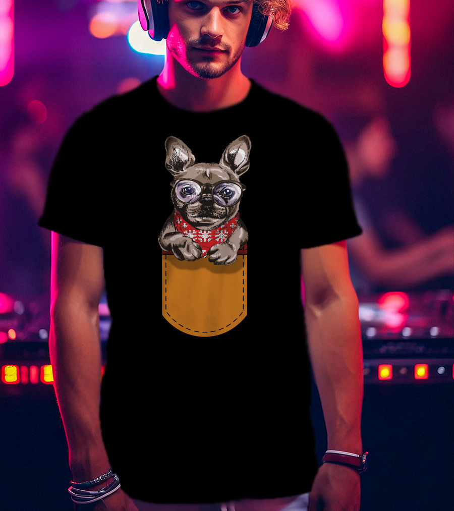 Cool Frenchie France Bulldog In Glasses With Red Scarf In Pocket T-Shirt