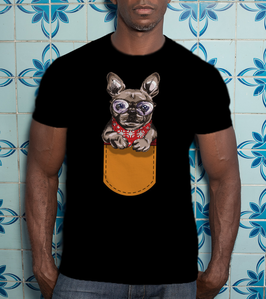 Cool Frenchie France Bulldog In Glasses With Red Scarf In Pocket T-Shirt