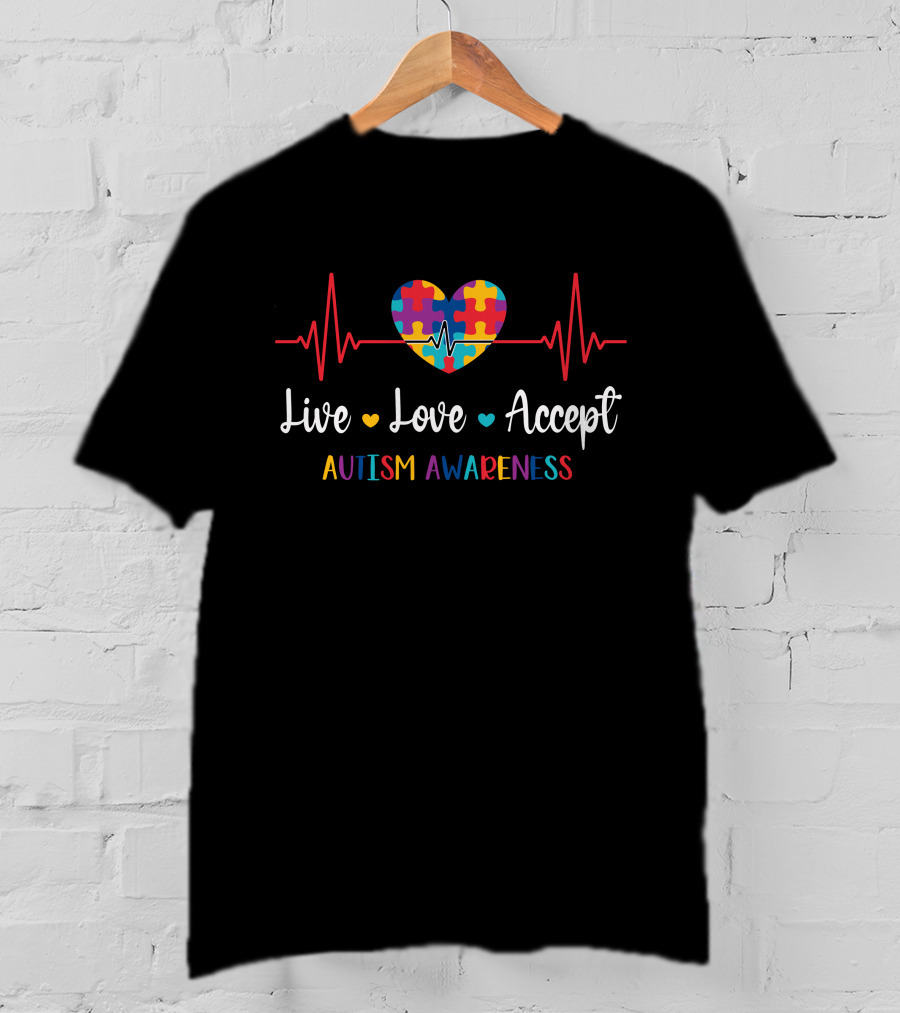 Live Love Accept Heartbeat Puzzle Autism Awareness T-Shirt